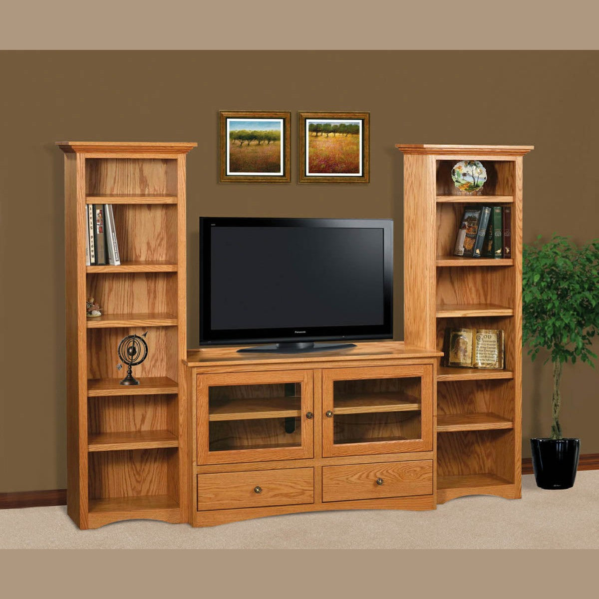 Flat Wall TV Stand with Twin Tower Bookcases