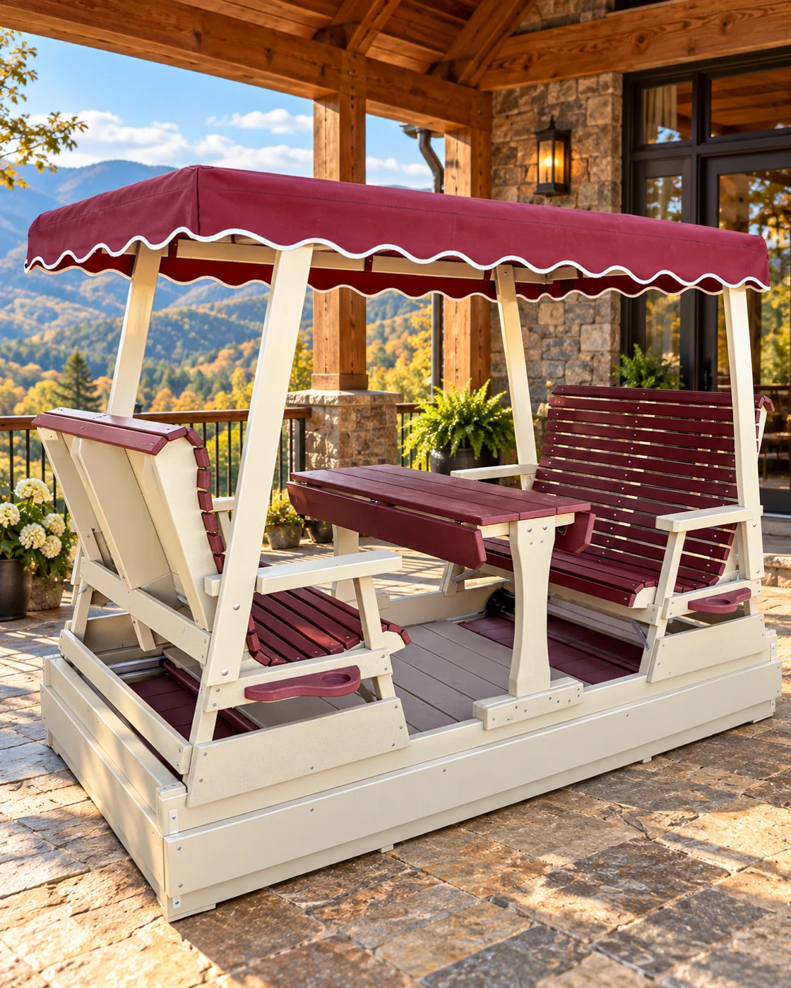 Canopy Poly Patio Glider with Center Table on a mountain patio
