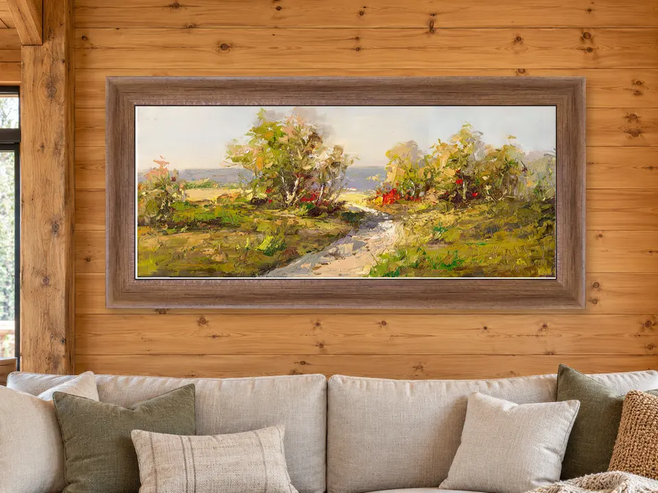 Calm Muse Landscape Framed Wall Art framed on a wall