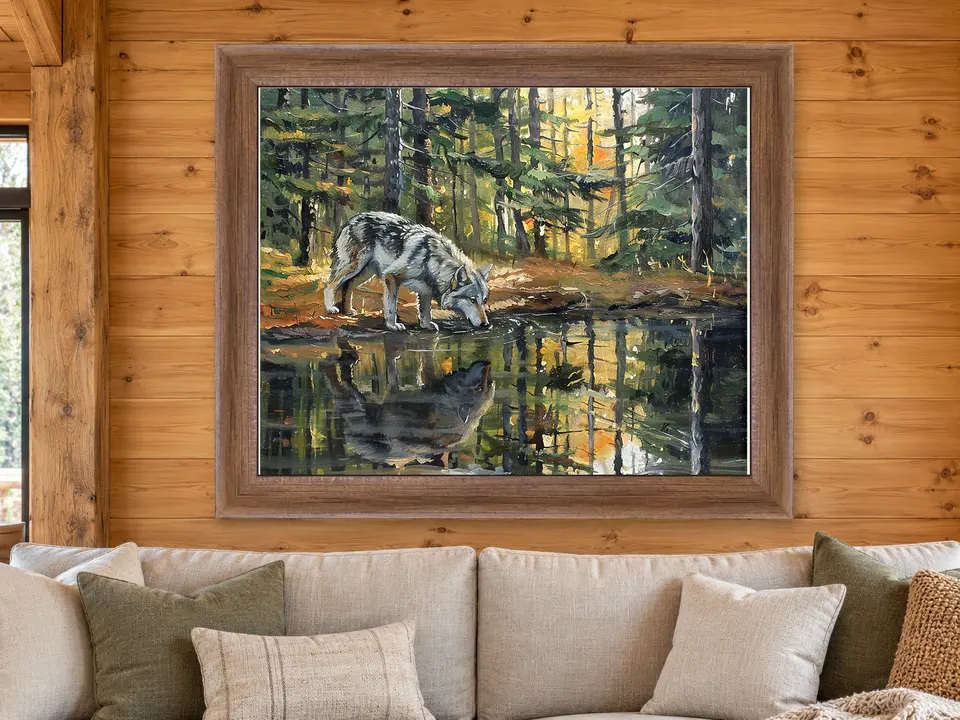 Still Passage Wolf Framed Wall Art framed on a wall