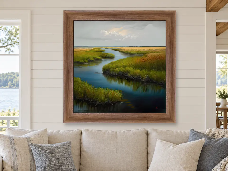 Peaceful Wonder Marsh Landscape Framed Wall Art framed on a wall