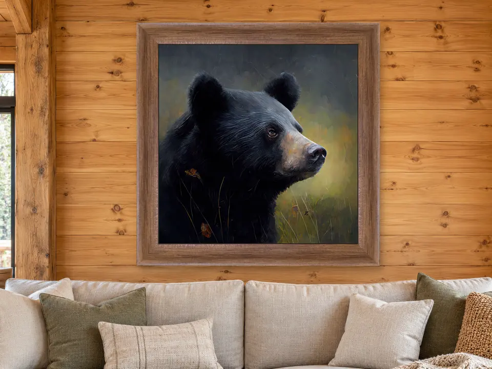Enduring Horizon Black Bear Framed Wall Art framed on a wall