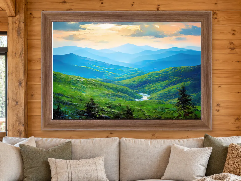 Calm Journey Mountain Landscape Framed Wall Art framed on a wall