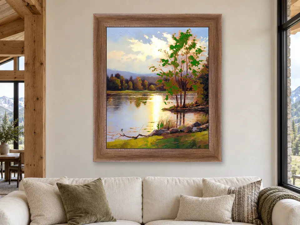 Wistful Passage Lake Landscape Framed Wall Art framed on a wall