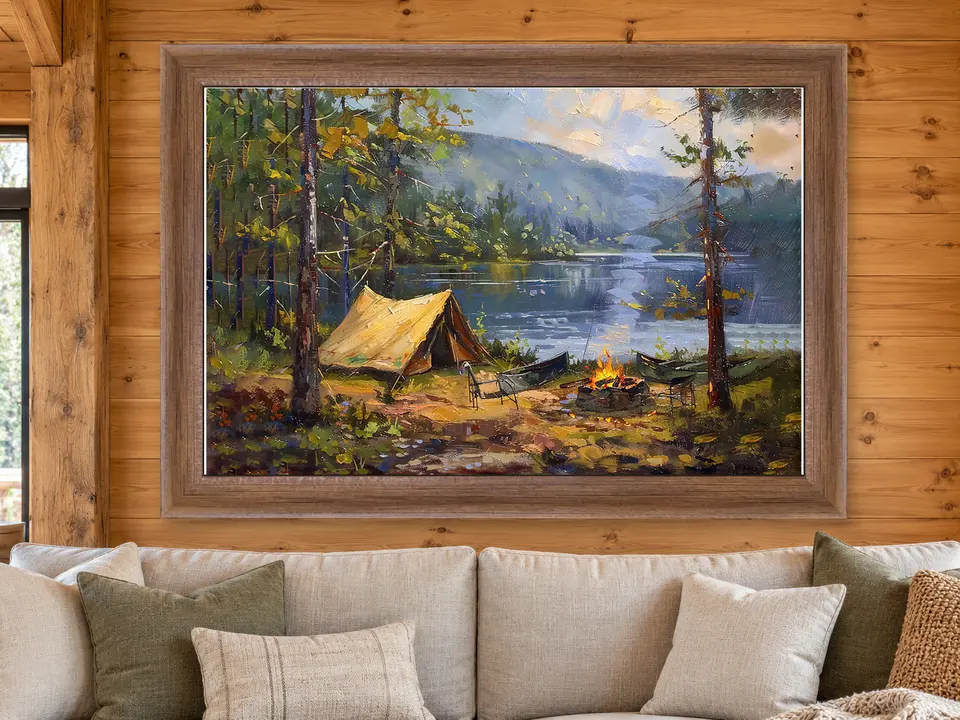 Still Poise Fishing Scene Framed Wall Art framed on a wall