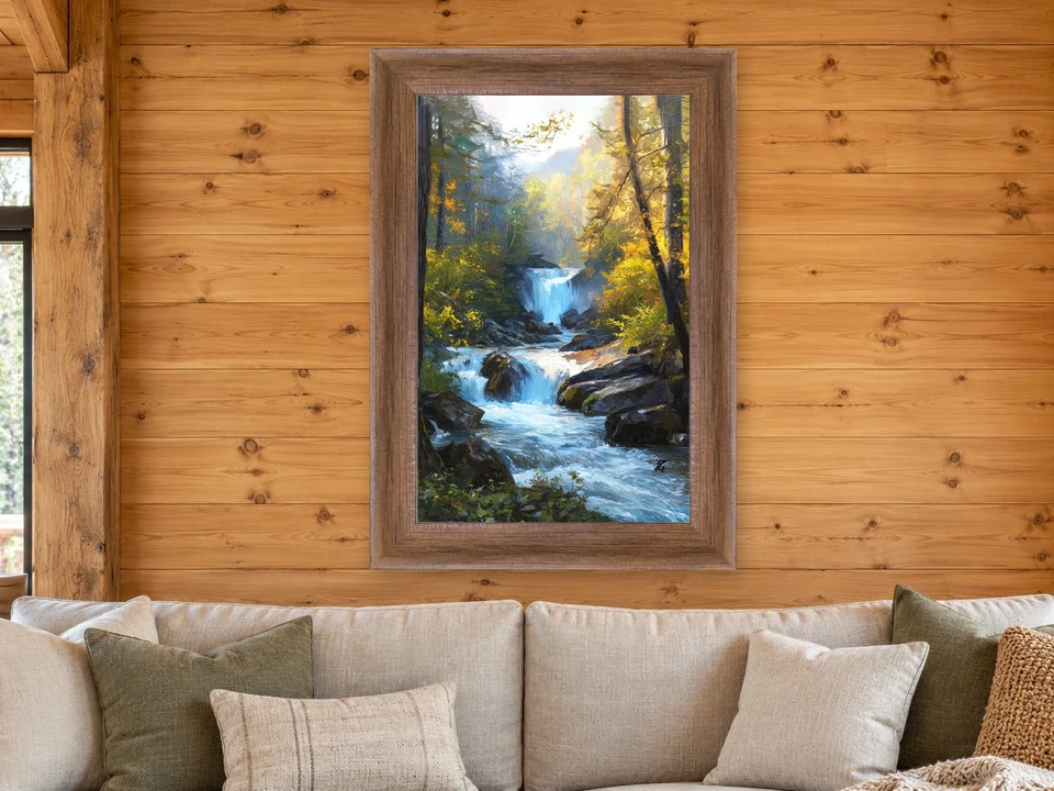 Still Journey Waterfall Framed Wall Art framed on a wall