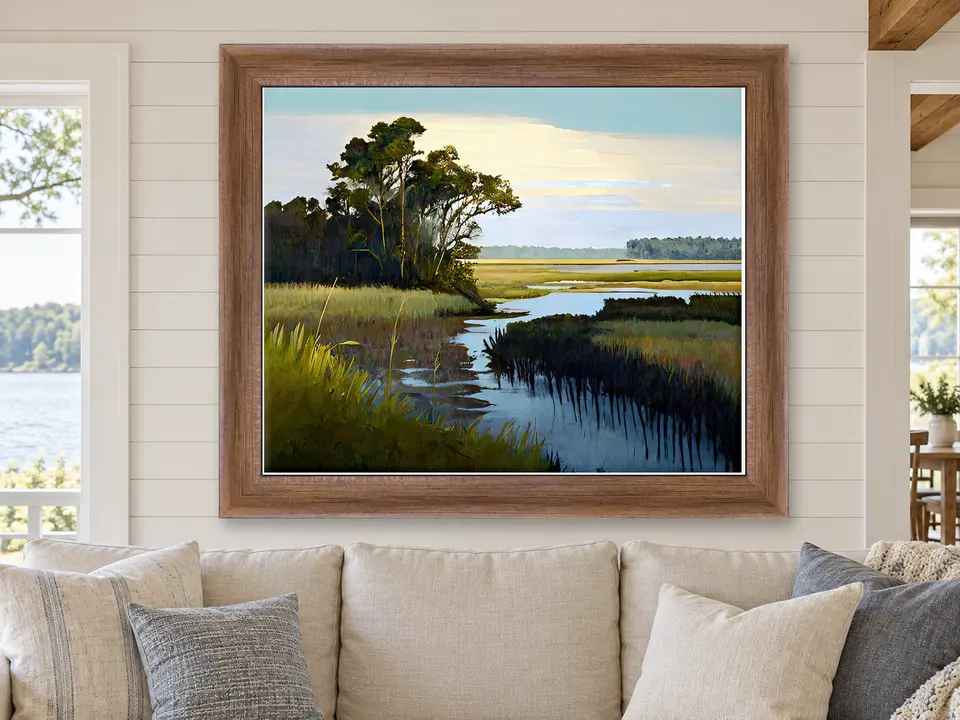 Silent Musing Marsh Landscape Framed Wall Art framed on a wall