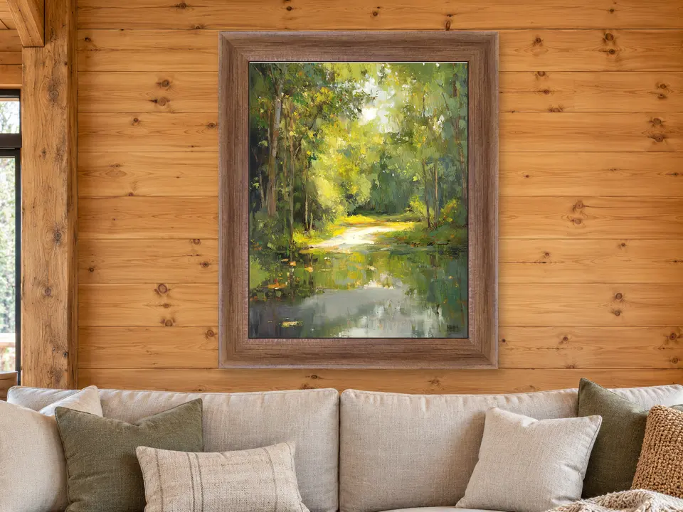 Soft Reflection Landscape Framed Wall Art framed on a wall