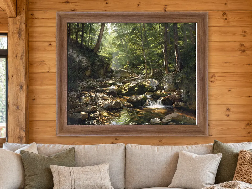 Calm Solitude Forest Creek Framed Wall Art framed on a wall