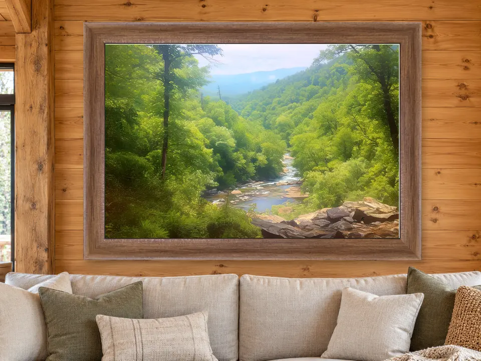 Silent Serenity Mountain Landscape Framed Wall Art framed on a wall
