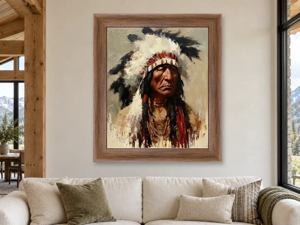 Still Moment Feathered Headdress Portrait Framed Wall Art framed on a wall