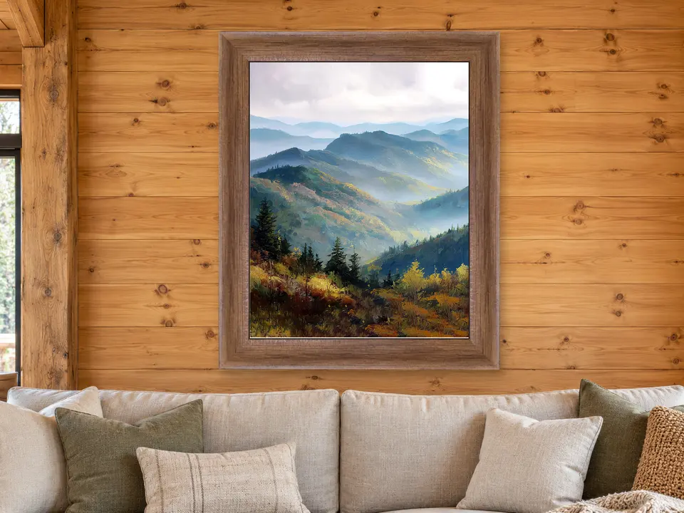 Quiet Pause Mountain Landscape Framed Wall Art framed on a wall