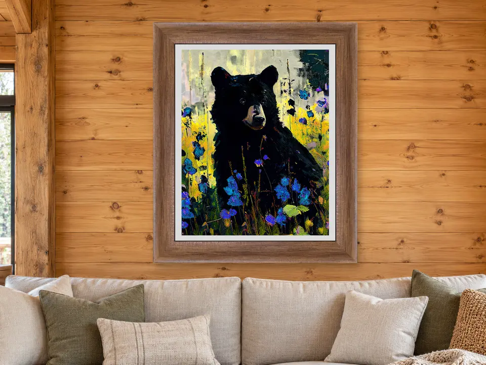 Wandering Sanctuary Black Bear Framed Wall Art framed on a wall