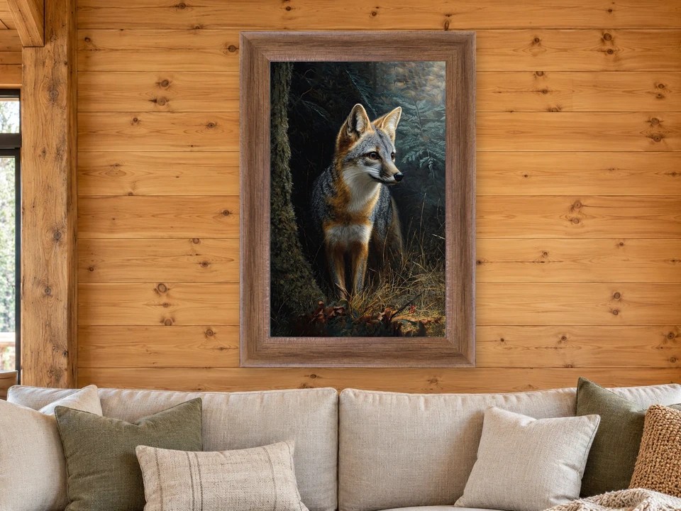 Still Daydream Gray Fox Framed Wall Art framed on a wall