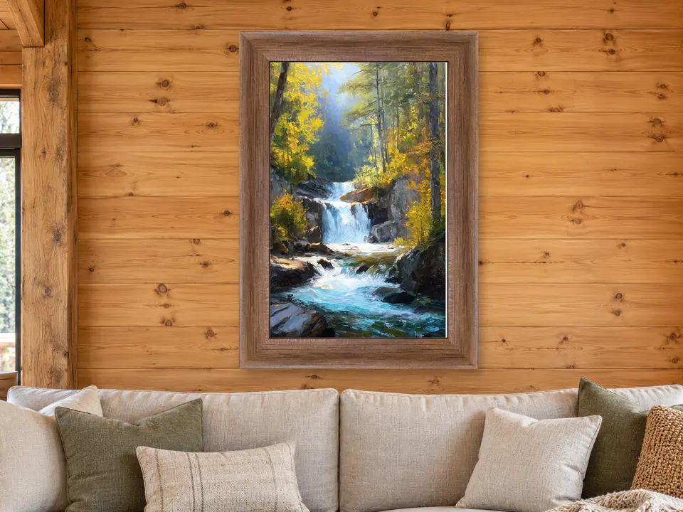 Soft Repose Waterfall Framed Wall Art framed on a wall