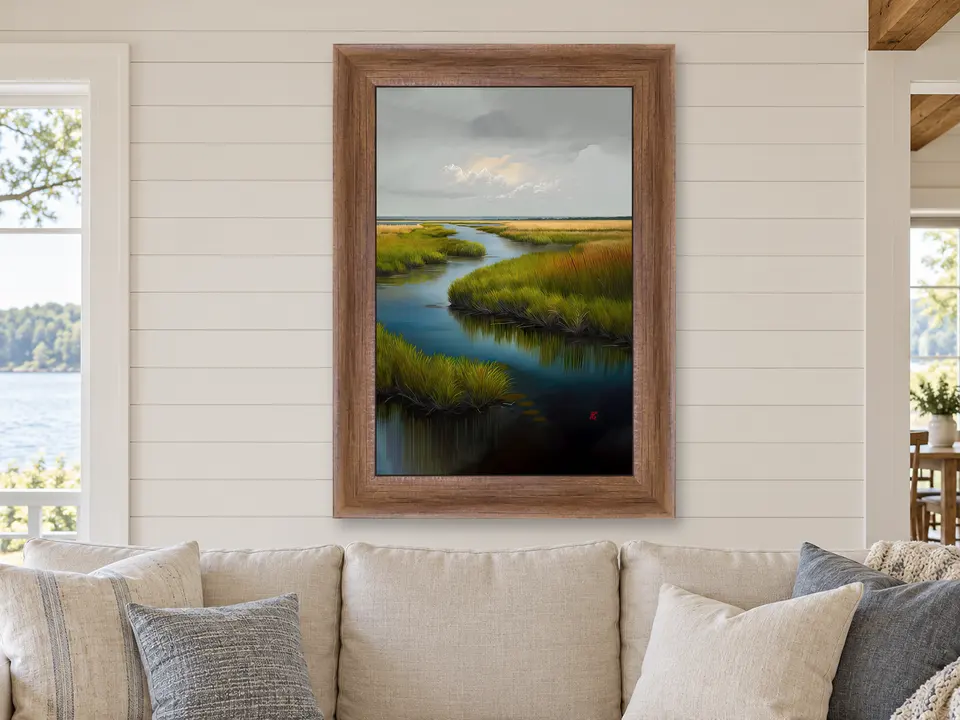 Calm Legacy Marsh Landscape Framed Wall Art framed on a wall