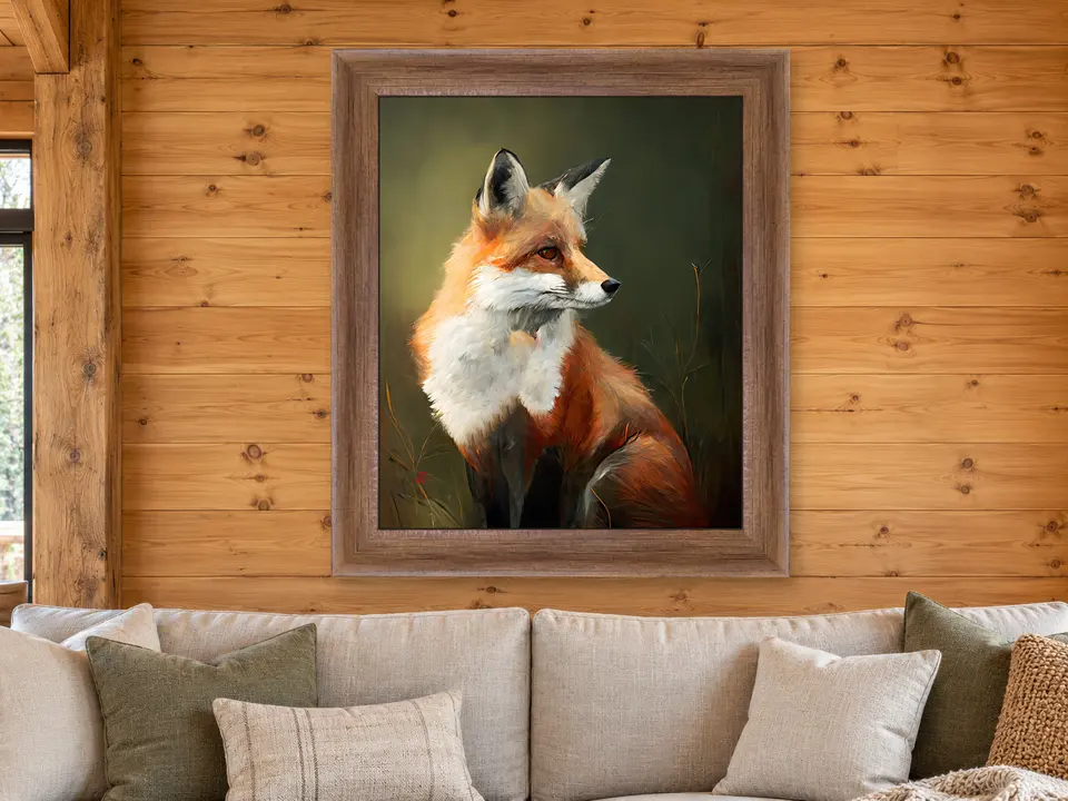 Distant Harmony Red Fox Framed Wall Art framed on a wall