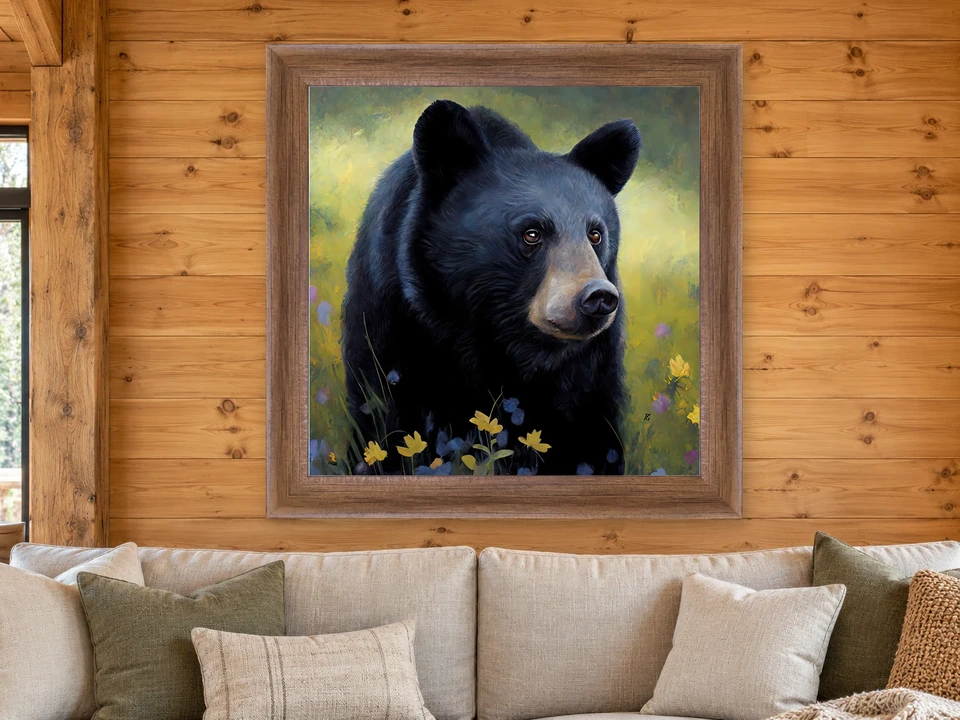 Quiet Presence Black Bear Framed Wall Art framed on a wall