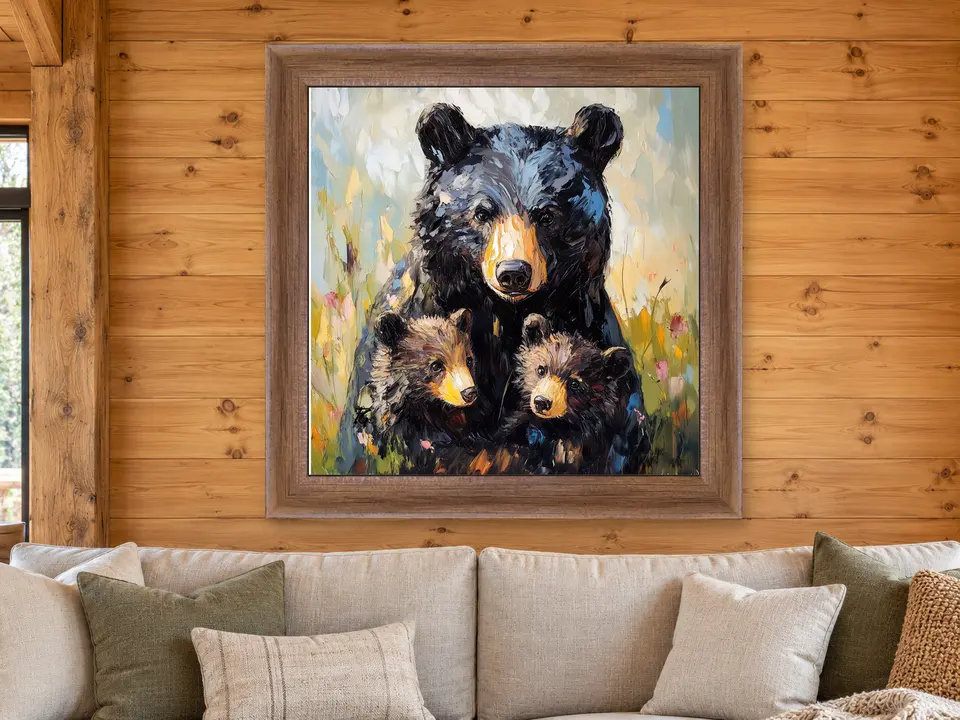 Soft Resonance Black Bear Framed Wall Art framed on a wall