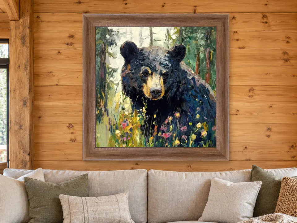 Quiet Horizon Black Bear Framed Wall Art framed on a wall