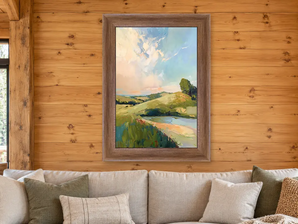 Wistful Resonance Woodland Riverbank Framed Wall Art framed on a wall