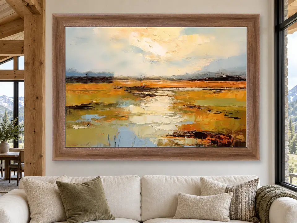 Silent Resonance Abstract Landscape Framed Wall Art framed on a wall