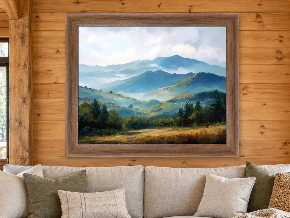 Silent Keepsake Mountain Landscape Framed Wall Art framed on a wall