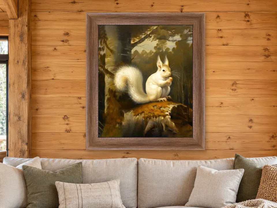 Distant Horizon White Squirrel Framed Wall Art framed on a wall