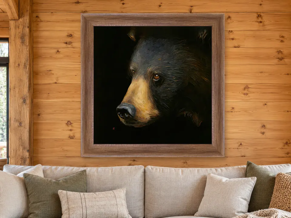 Peaceful Presence Black Bear Framed Wall Art framed on a wall