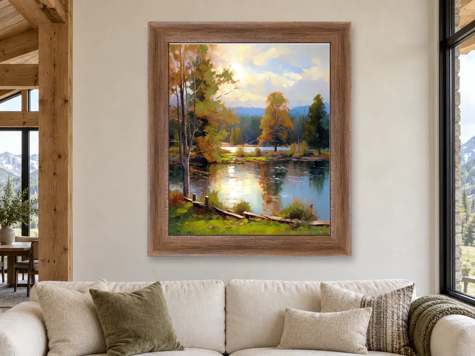 Open Comfort Lake Landscape Framed Wall Art framed on a wall
