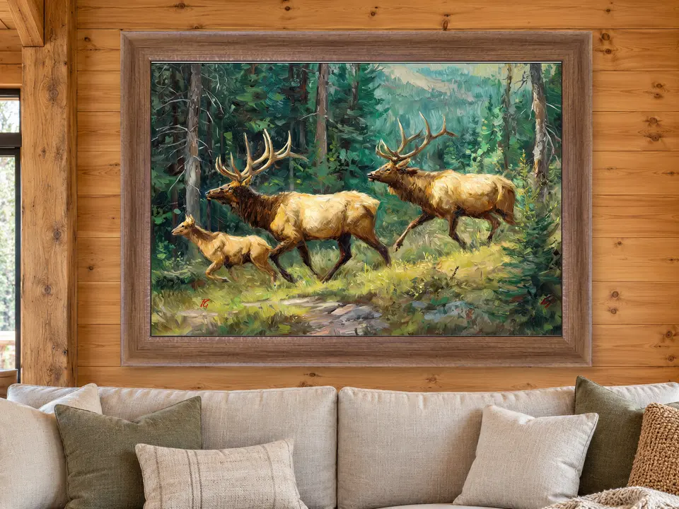 Peaceful Journey Elk Framed Wall Art framed on a wall