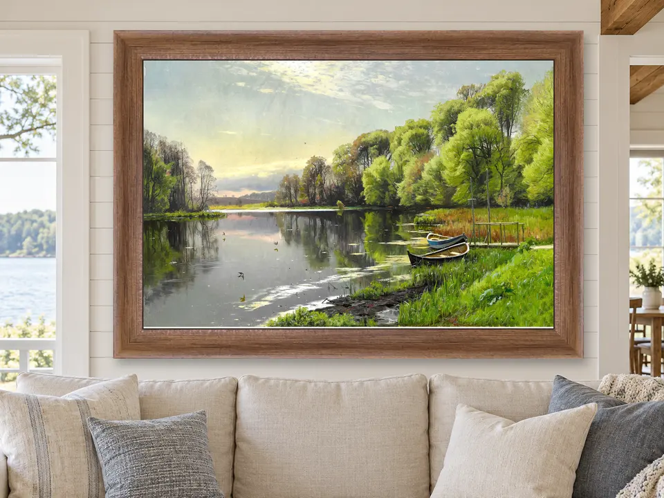 Tender Wonder Boat Landscape Framed Wall Art framed on a wall
