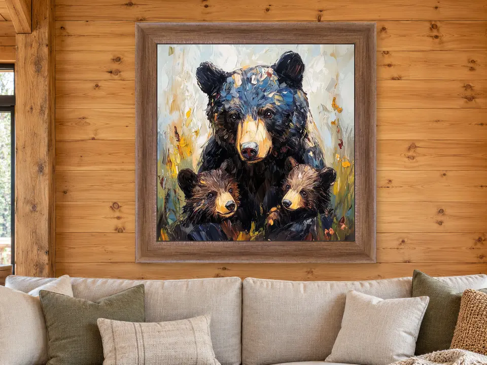 Hidden Stillness Black Bear Framed Wall Art framed on a wall