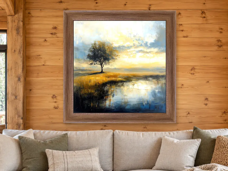 Calm Daydream Tree Landscape Framed Wall Art framed on a wall