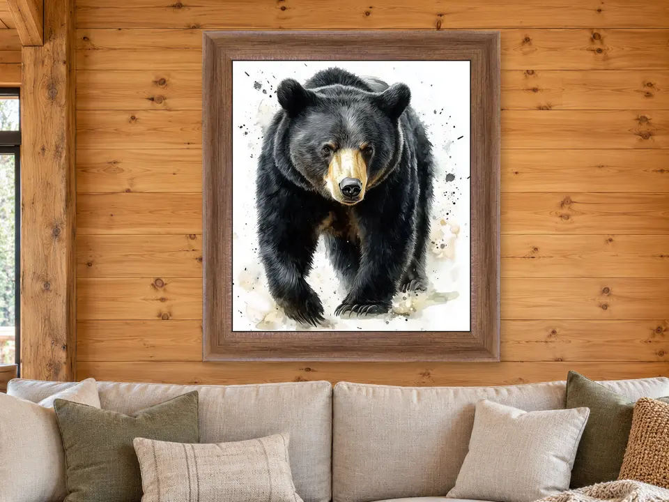 Gentle Journey Black Bear Framed Wall Art framed on a wall