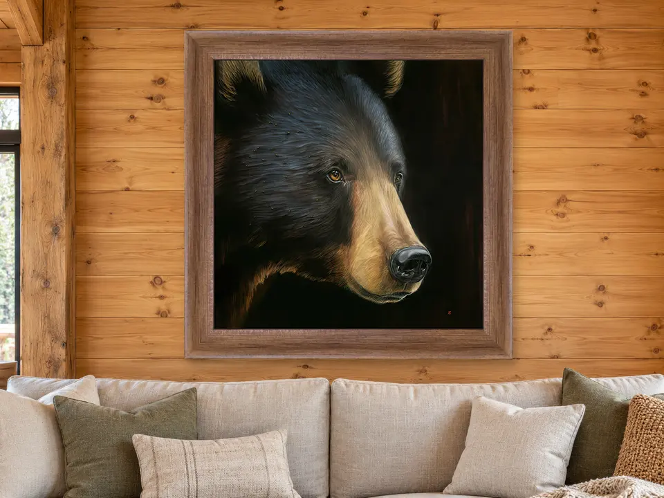 Quiet Journey Black Bear Framed Wall Art framed on a wall
