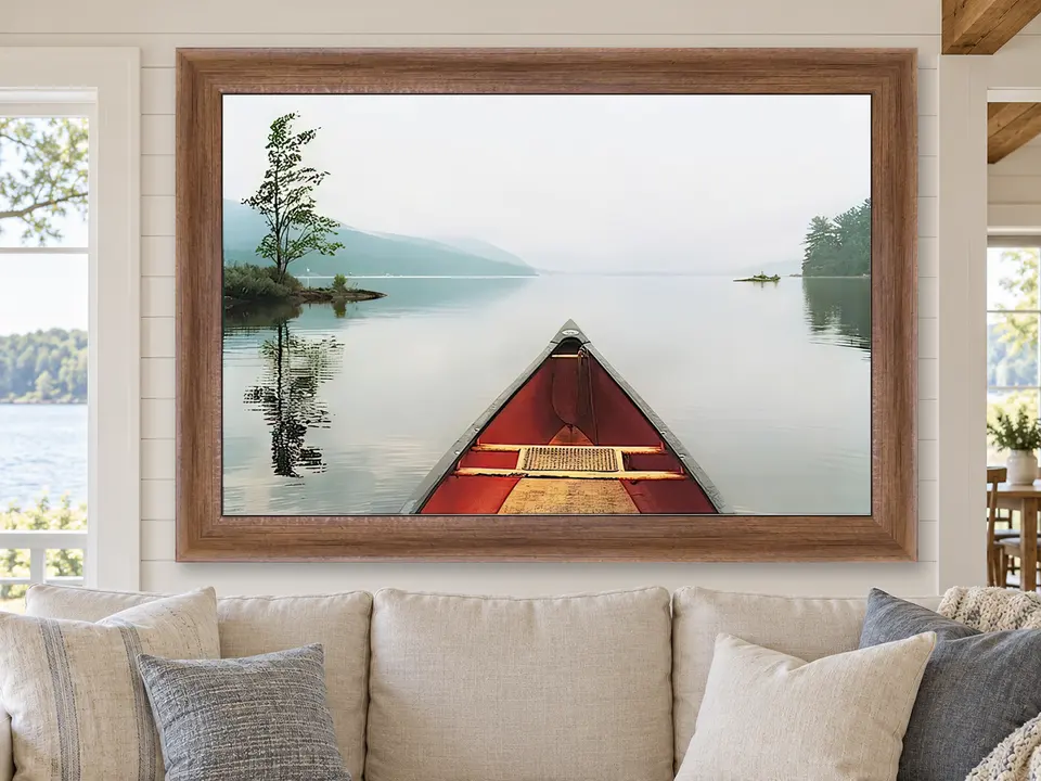 Silent Vista Boat Landscape Framed Wall Art framed on a wall
