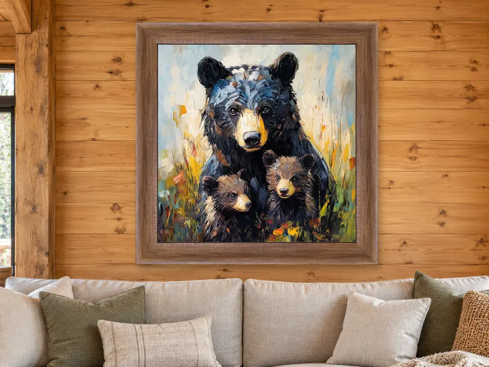 Soft Horizon Black Bear Framed Wall Art framed on a wall