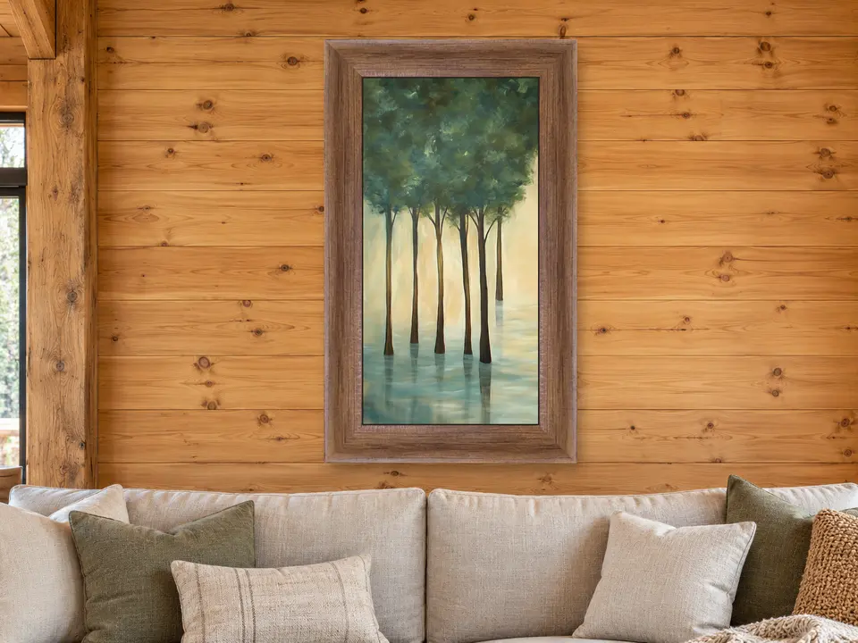 Distant Sanctuary Tree Landscape Framed Wall Art framed on a wall
