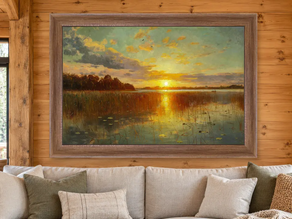 Hidden Tranquility Sunset Landscape Framed Wall Art framed on a wall