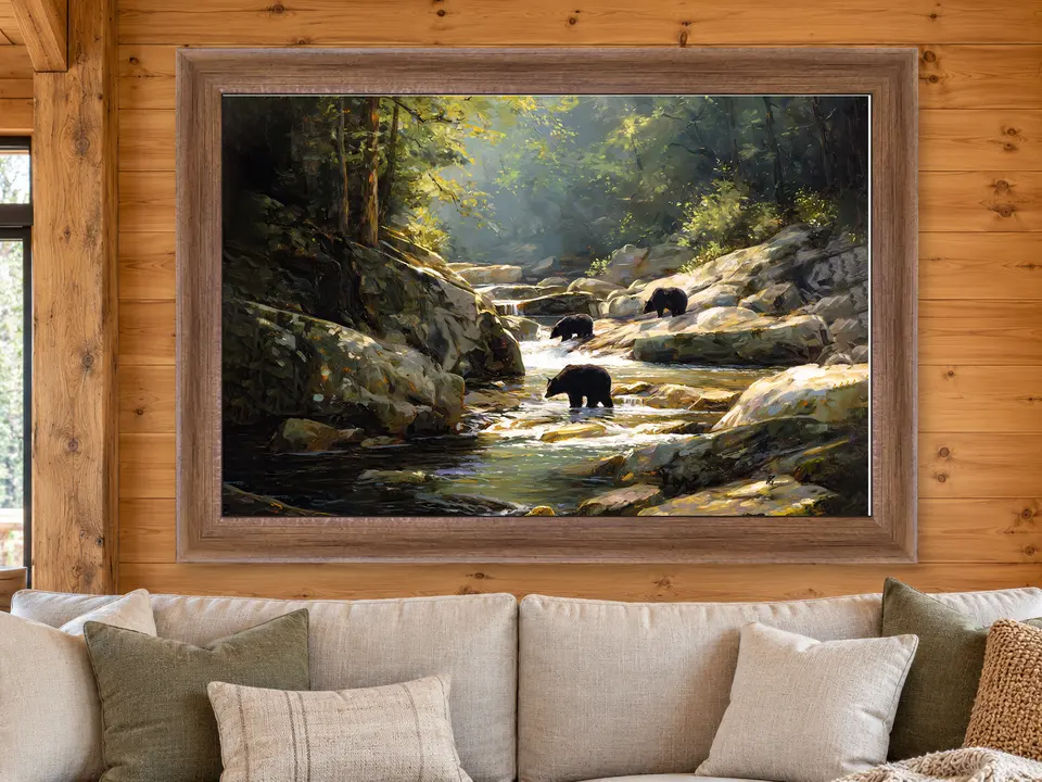 Open Harmony Black Bear Framed Wall Art framed on a wall