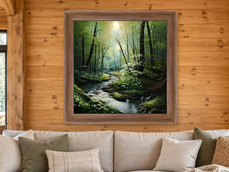 Distant Essence Forest Landscape Framed Wall Art framed on a wall