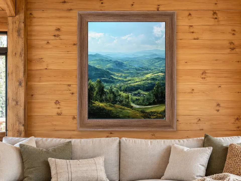 Soft Presence Mountain Landscape Framed Wall Art framed on a wall