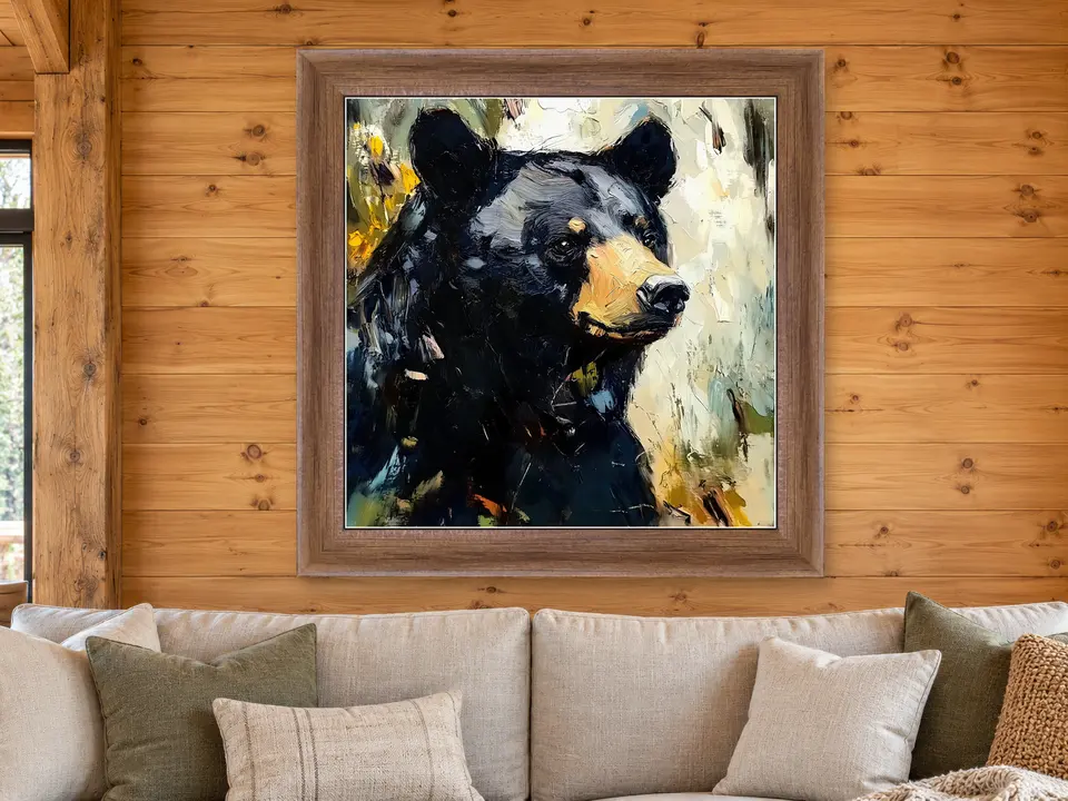 Tender Solitude Black Bear Framed Wall Art framed on a wall