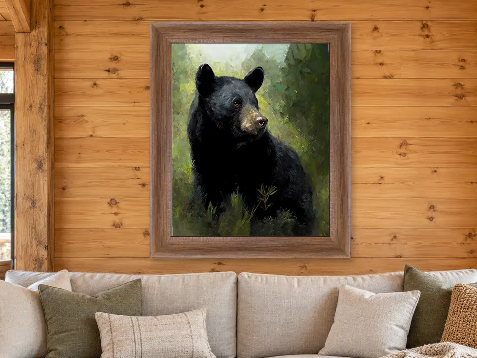 Hidden Vista Black Bear Framed Wall Art framed on a wall