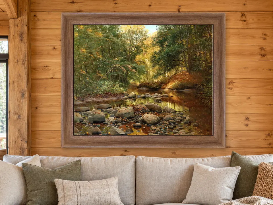 Hidden Pause Forest Creek Framed Wall Art framed on a wall