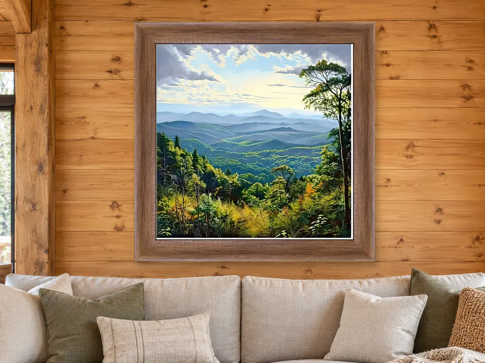 Calm Reflection Mountain Landscape Framed Wall Art framed on a wall