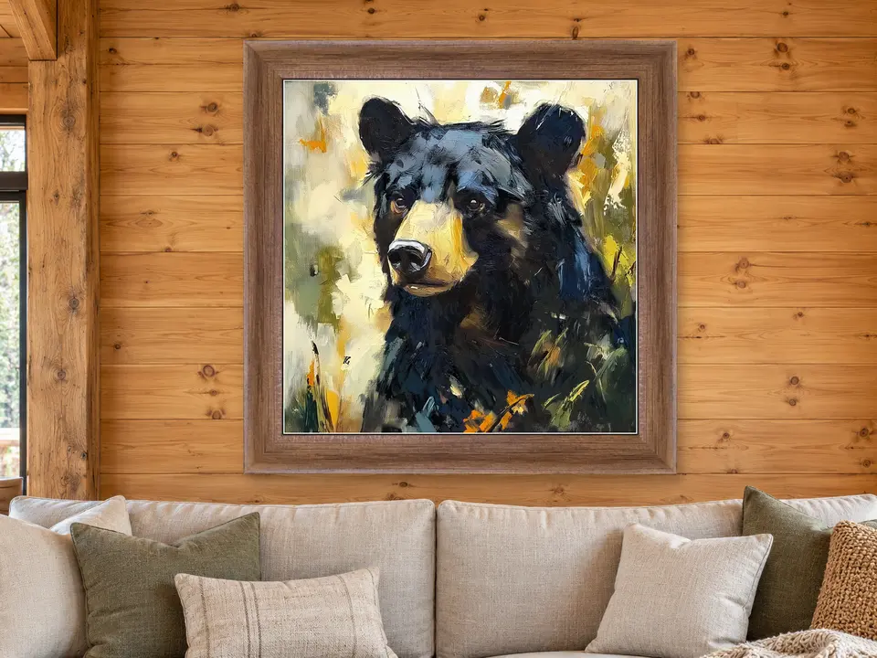 Calm Tranquility Black Bear Framed Wall Art framed on a wall