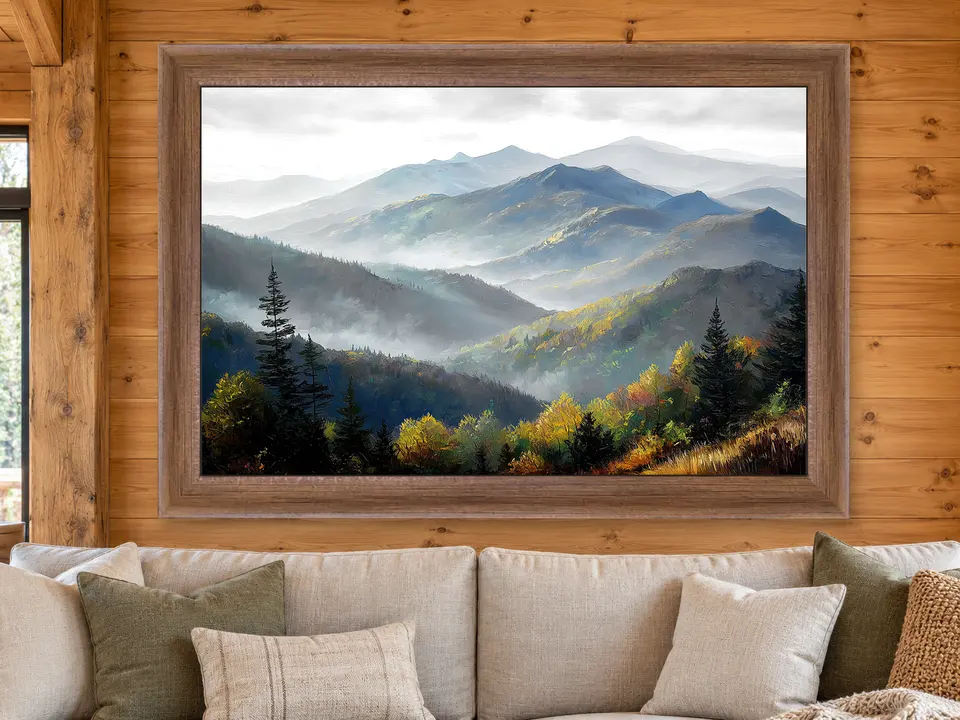 Wistful Whisper Mountain Landscape Framed Wall Art framed on a wall