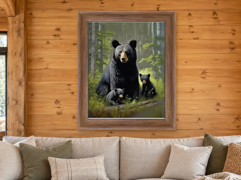 Distant Whisper Black Bear Framed Wall Art framed on a wall
